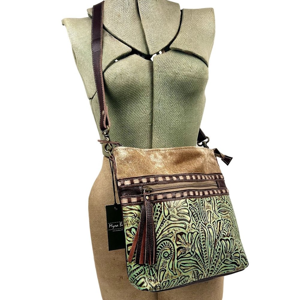 Myra Bag Crossbody Delphine Canvas Hairon Bag Embossed Western Boho Leather Med.